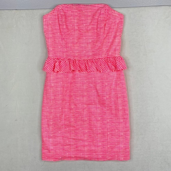 Lilly Pulitzer - Hot Pink Gingham Strapless Bodycon Dress w/ Ruffles Size 0 - Picture 13 of 14